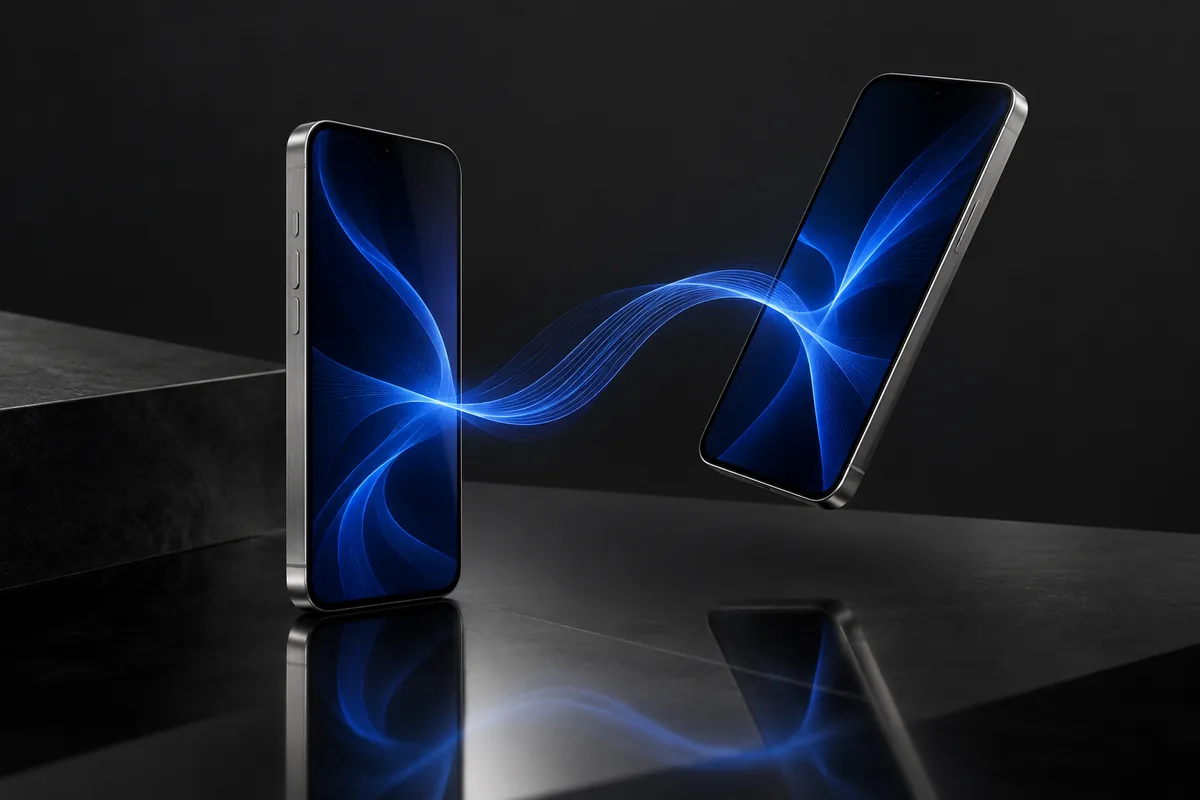 Koyu bir stüdyoda aralarında kobalt mavi sinyal akan iki modern akıllı telefon.