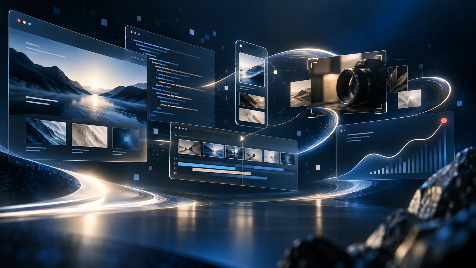 Web tasarımı, yazılım, mobil içerik, video üretimi ve analitiği birbirine bağlayan dijital çalışma sistemi.